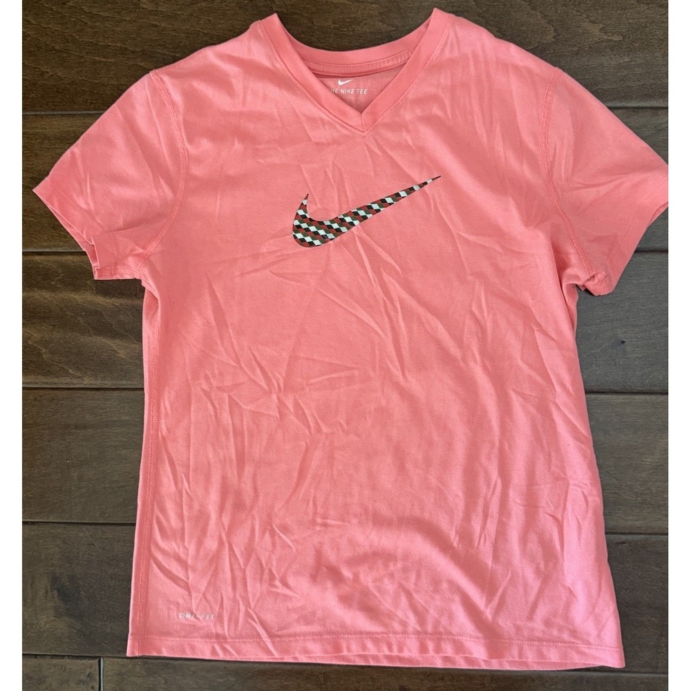 Nike V-neck T-shirt Dri Fit Size Girls XL Coral Peach Logo Swoosh EUC